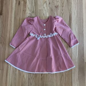 vintage cute girls Coat dress gingham‎ Red white Overcoat puff sleeves retro 4T